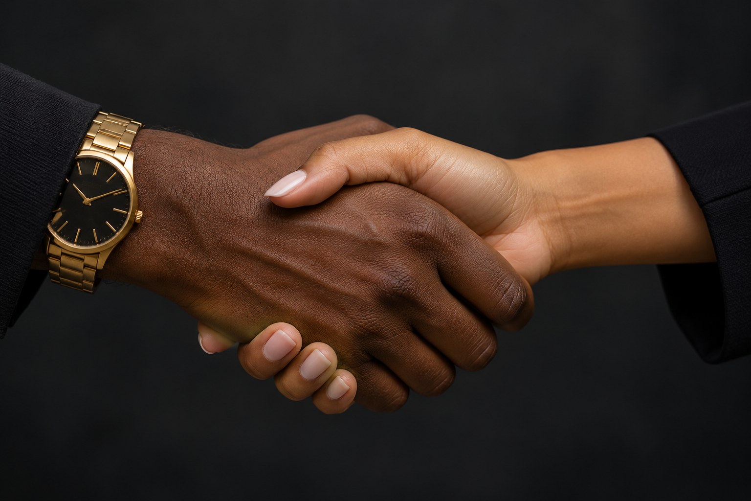 Close-up of two business partners shaking hands against a dark background.