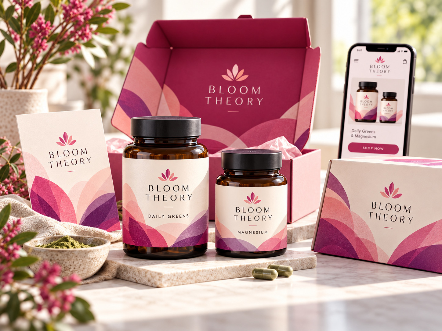 Pink-and-purple supplement bottles, branded packaging and a storefront preview.